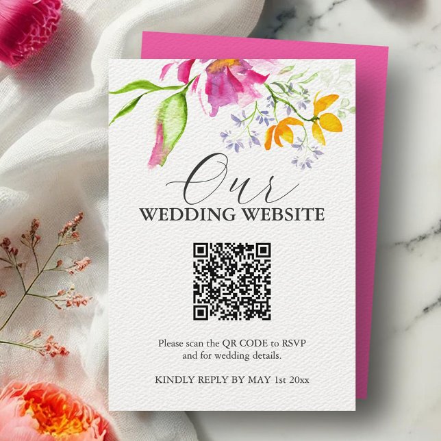 Kort för Rosa Blommigt Bröllop (Wedding website card watercolor floral art by Victoria Grigaliunas of Do Tell A Belle)