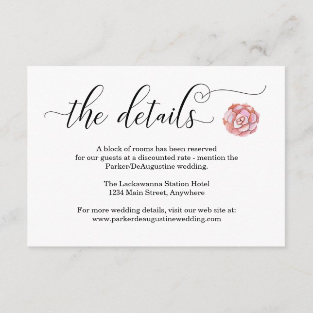 Kort för rosa Succulent Information Enclosure Card (Framsida)