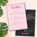 Kort för Rosa Tropical Bat mitzvah Details-hölje<br><div class="desc">din händelseinformation i stil med dessa Bat mitzvah detaljkort för den neontropiska rosan. Utformningen innehåller grönt handflatan lövs- och rosa personlig-text för att  informationen om din händelse. Ange Verktyg i Zazzle Design om du vill göra ytterligare ändringar i texten.</div>