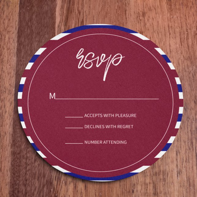 Kort för RSVP till Royal Red och Blue Bröllopstema (Try out this round RSVP card to your wedding )