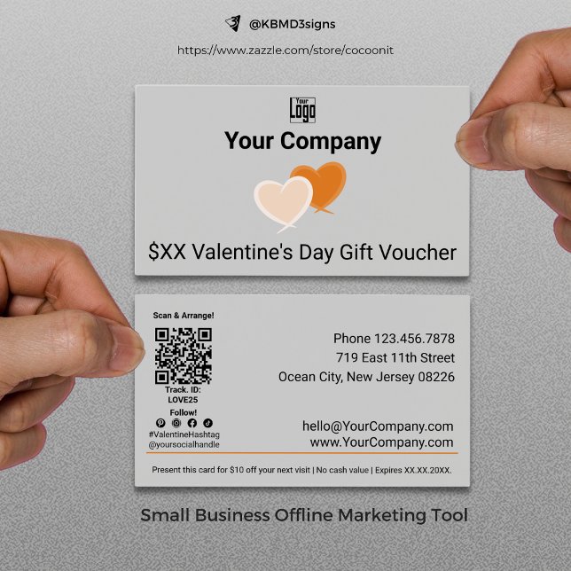 Kort för säljfrämjande Grått Valentine Day Gift Vo (Promotional Gray Valentine's Day Gift Voucher Card, Small Business Offline Marketing Tool)