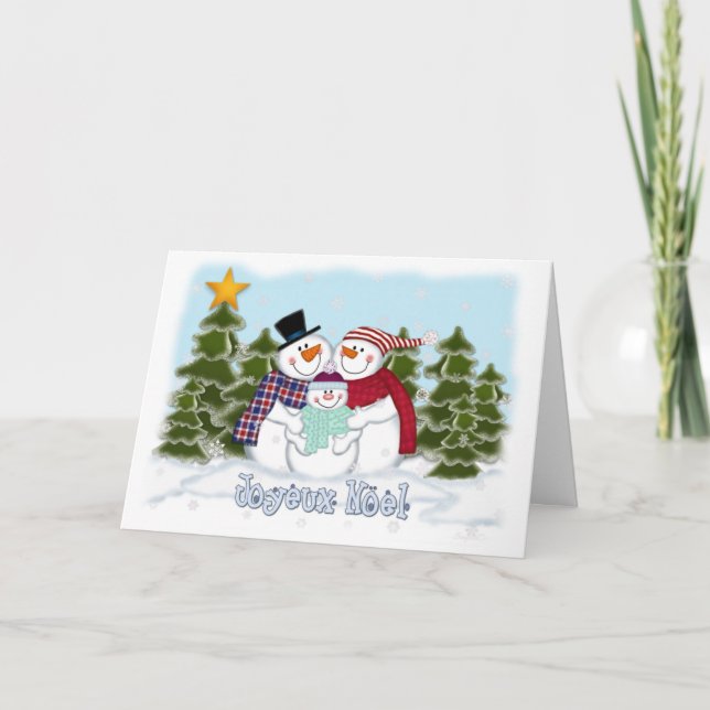 Kort för snögubbefamiljhälsning Joyeux Noël (Framsida)