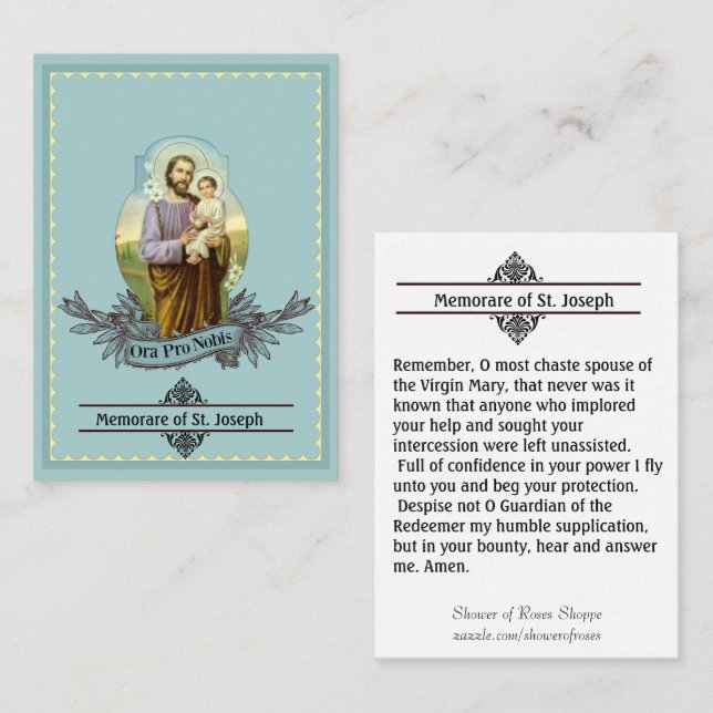 Kort för St Joseph Memorare bönheliga (Fram/baksida)