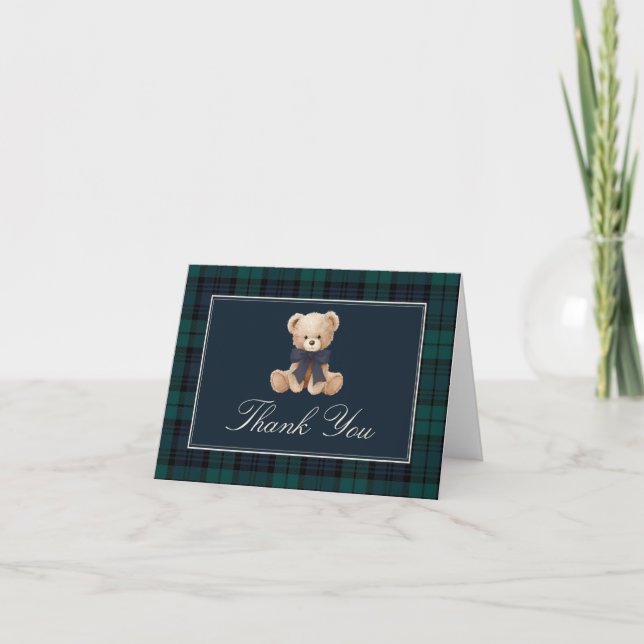 Kort för tack efter baby shower med rutig teddybjö (Framsida)