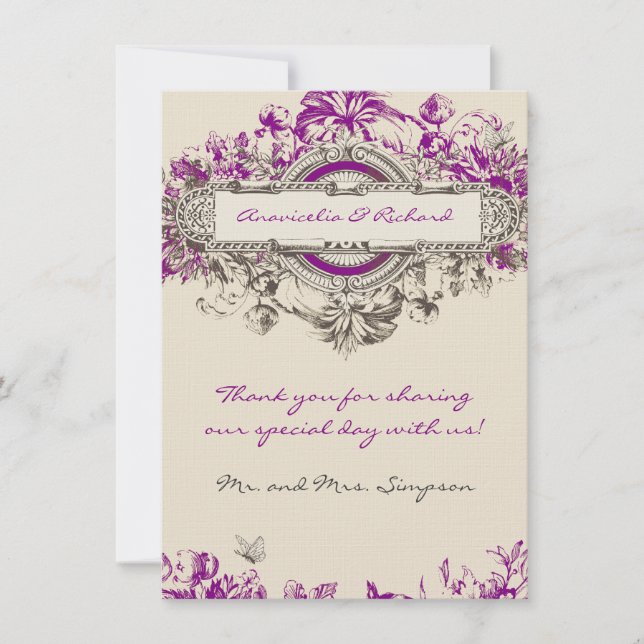 Kort för tack för bröllop för purpurfärgad grå (Framsida)
