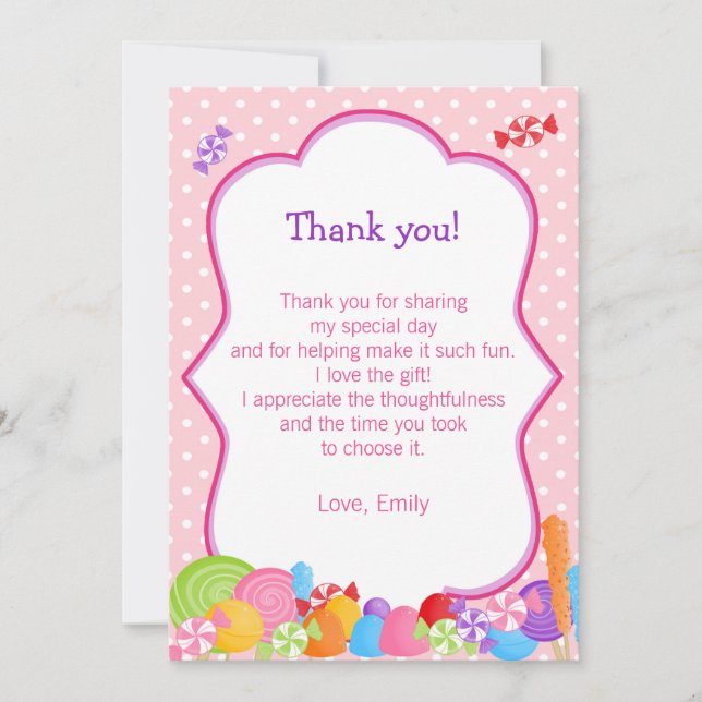 Kort för tack för godisflickafödelsedagsfest (Framsida)