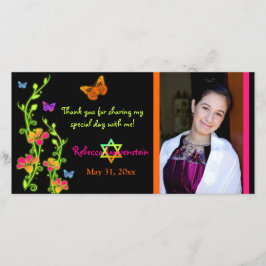 Kort för tack för neonfjärils- & blommafoto