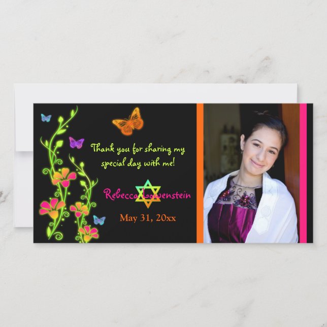 Kort för tack för neonfjärils- & blommafoto (Framsida)