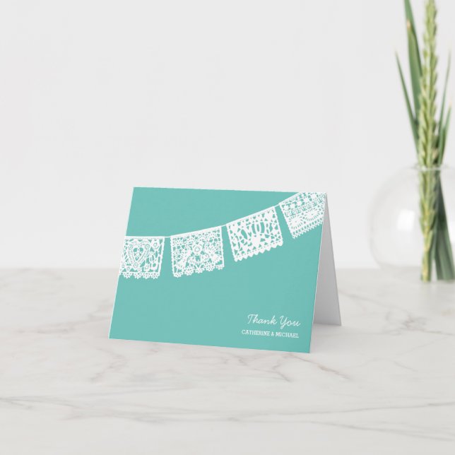 Kort för tack för Papel Picado Aqua | gifta sig (Framsida)