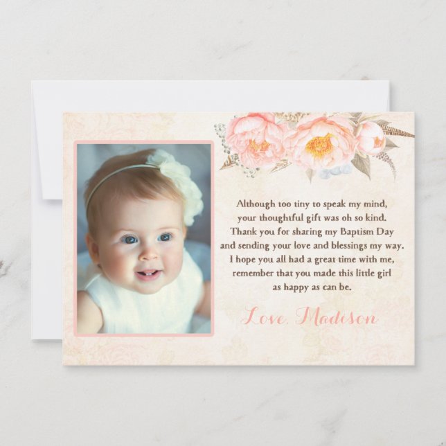 Kort för tack för persikapiondop för flicka (Framsida)