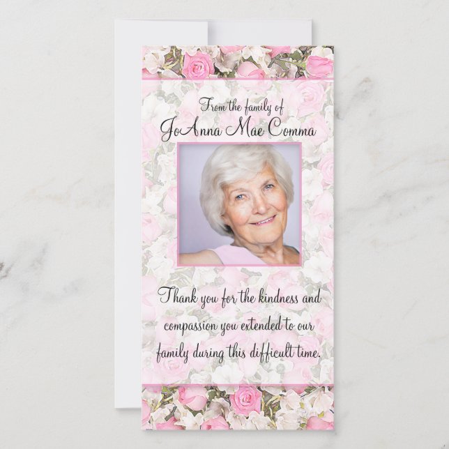 Kort för tack för rosa rosfotosympati (Framsida)