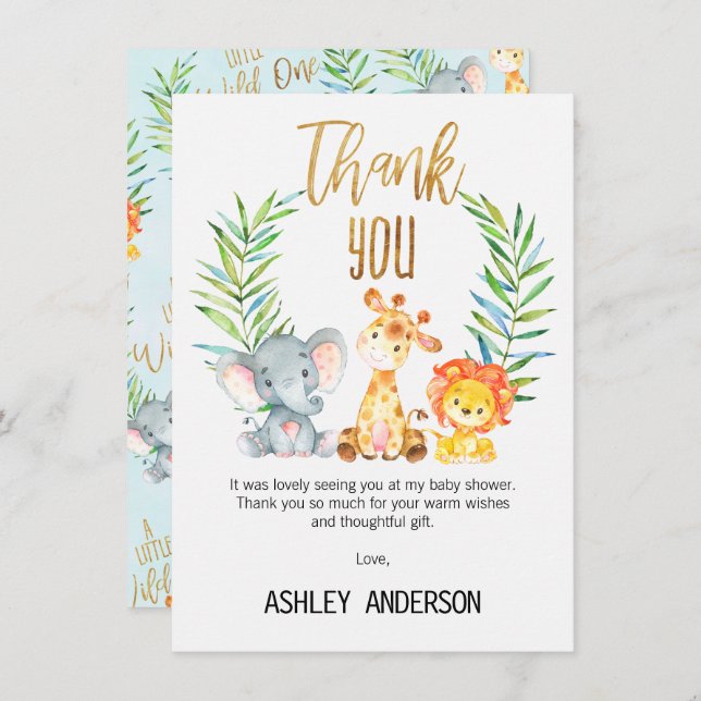 Kort för tack för Safaridjurbaby shower (Fram/baksida)
