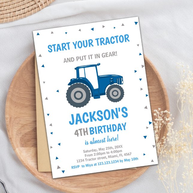 Kort för Temaparty av servergrupp för pojkar (Blue Tractor Birthday Invitations)