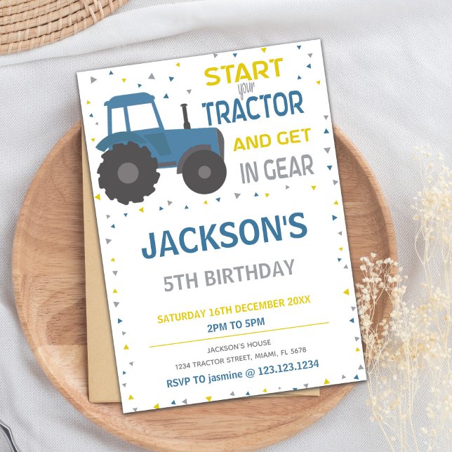 Kort för Temaparty av servergrupp för pojkar eller (Blue Tractor Birthday Invitations)