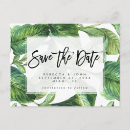 kort för tropiska handflatan löv bröllop spara dat