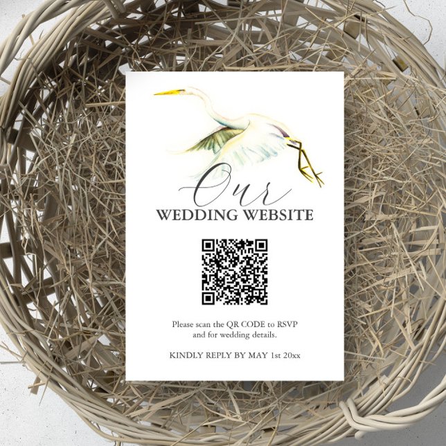 Kort för Underbara vita öron Bröllop (Wedding website card with QR code watercolor tropical bird art by Victoria Grigaliunas DoTellABelle)