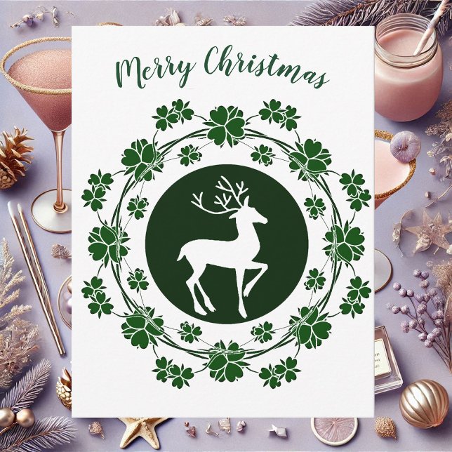 Kort för utandning av julren Blommigt (Vintage Christmas Reindeer Floral Wreath Card)