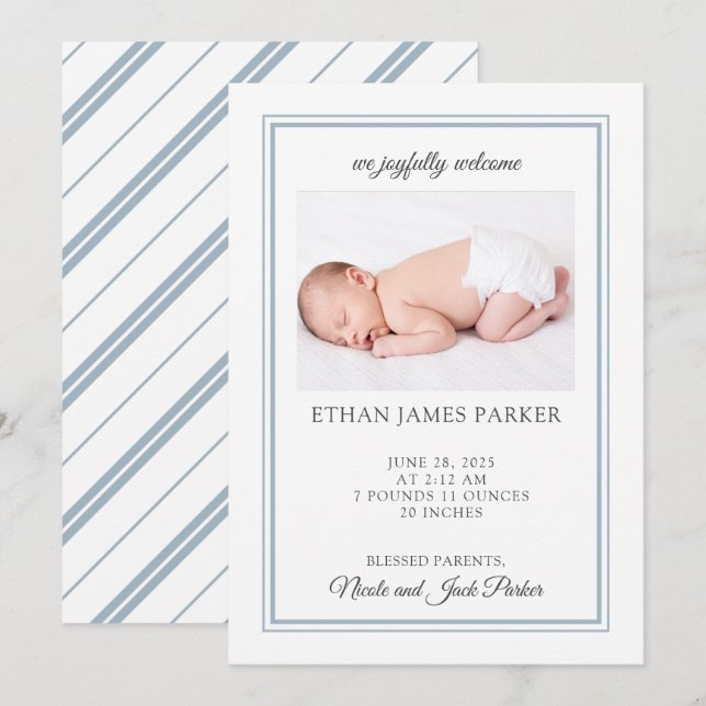 Kort för utlysning av födsel i baby i ren elegant (Fram/baksida)