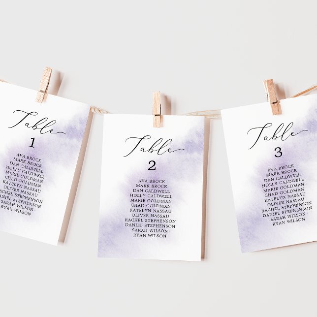 Kort för utskrivbara sätesscheman för vattenfärgad (Watercolor Purple Printable Seating Chart Cards)
