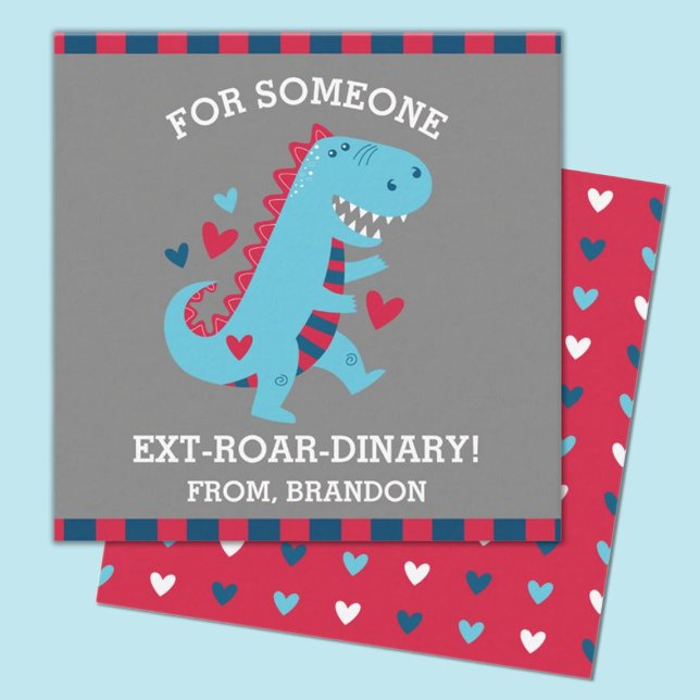 Kort för Valentines day-anteckning för barn i klas (fun mini dinosaur valentine with the words For someone EXT-ROAR-DINARY)