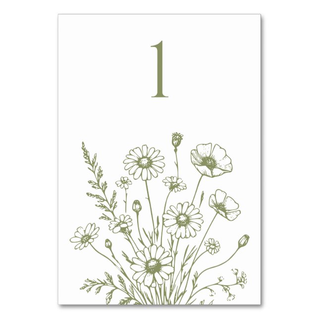 Kort för Wildblommelegance-Bröllop Bord (Framsidan)