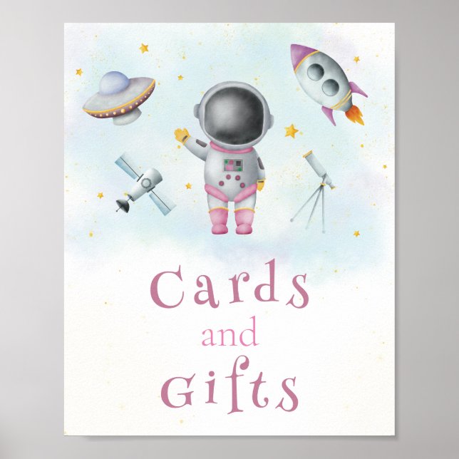 Kort &GER Utrymmesflicka Astronaut rosa-raketstjär Poster (Framsidan)
