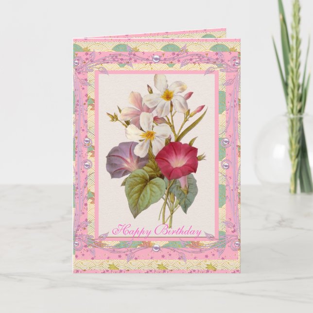 Kort Hälsning Vintage Blommig Rosa Blommor (Framsida)