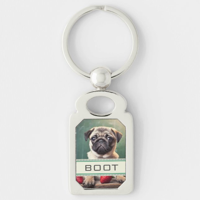 kort hus | pug  rektangulärt silverfärgad nyckelring (Framsidan)