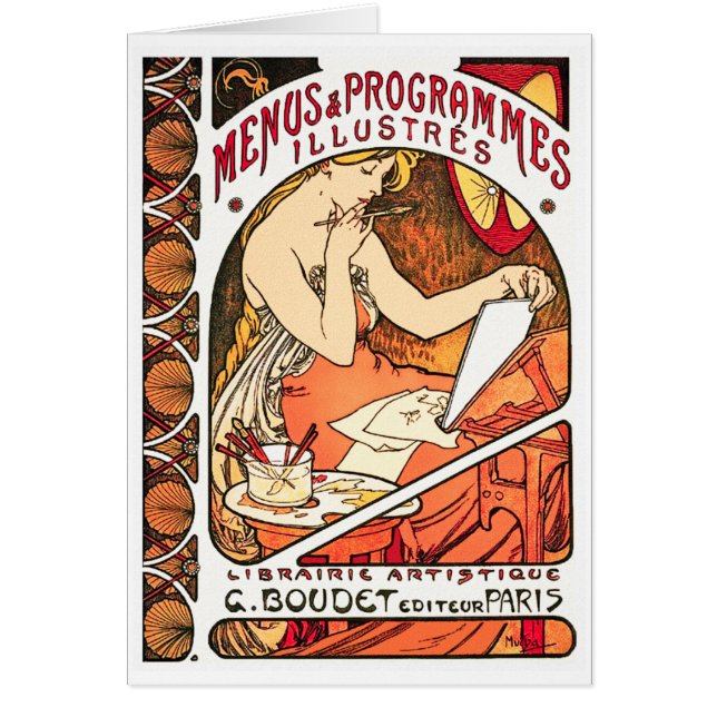 Kort/inbjudan: Alphonse Mucha - Menus Hälsningskort (Framsidan)