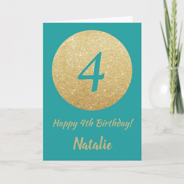 Kort Lycklig 4e födelsedagen Teal och Guld Glitter (Framsida)