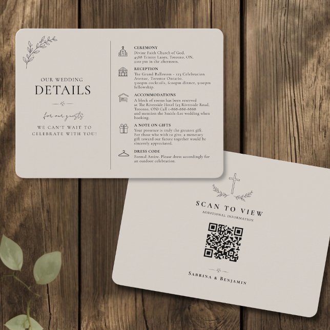 Kort med detaljer om kristet bröllop och QR-kod (Hand Drawn Wedding Christian Details Card with QR Code)