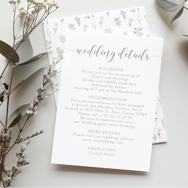 Kort med Dusty Grönt Blommigt Garden Wedding-infor (Skapare uppladdad)