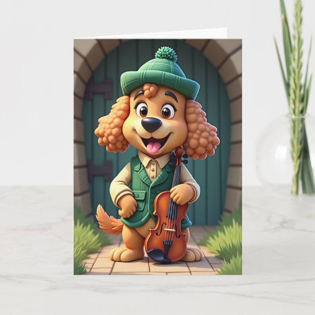 Kort med hund med violin glädje (Framsida)