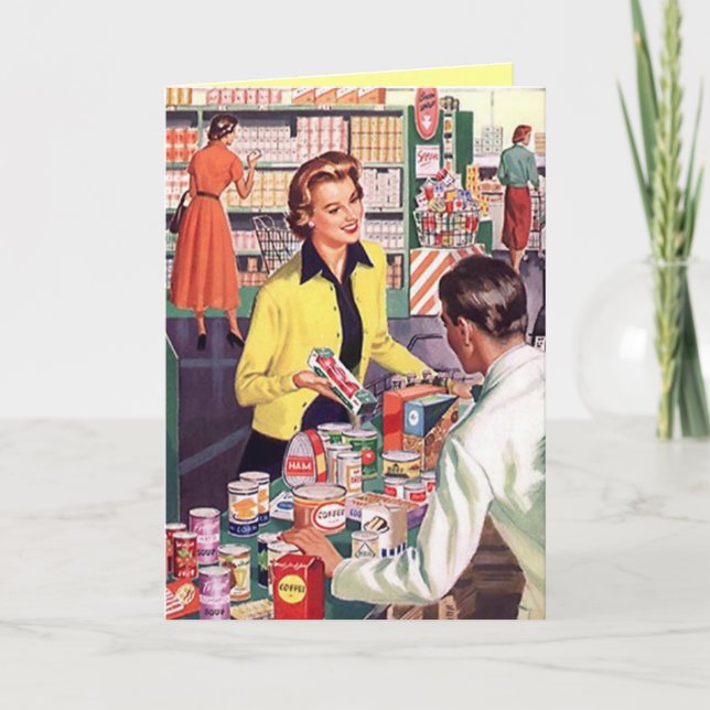 Kort med Lycklig Dam vid utcheckning av Livsmedel  (Framsida)