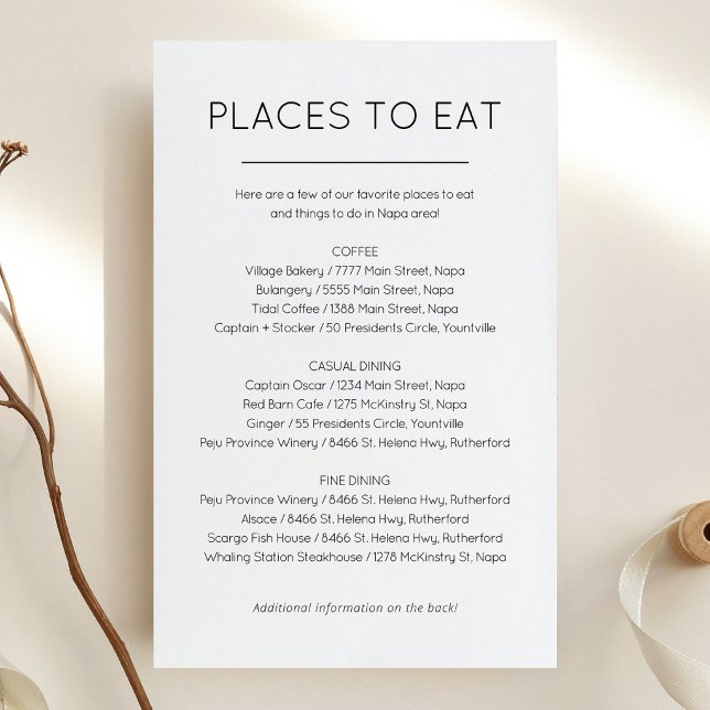 Kort med platser att äta och saker att göra (Wedding Places to eat and Things to do card)