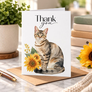 Kort med Tabby Katt och Solrosor för Tack