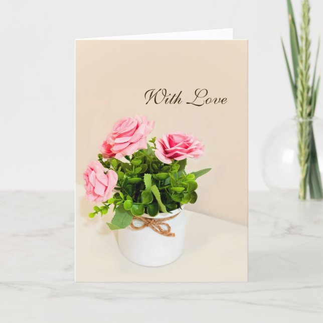 Kort med texten Med kärlek och rosa rosor (Framsida)