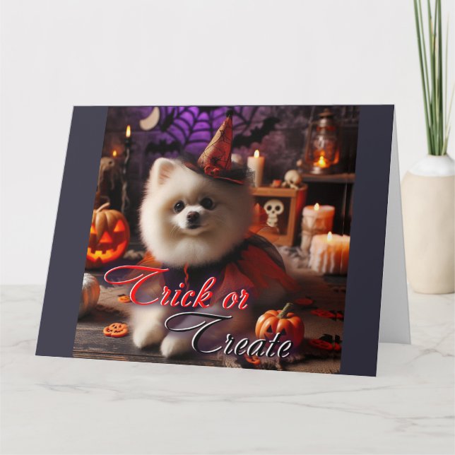 Kort med tryck av en vit Pomeranian (Framsida)