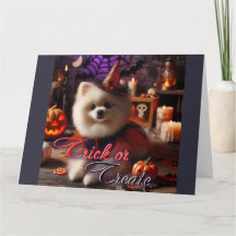 Kort med tryck av en vit Pomeranian