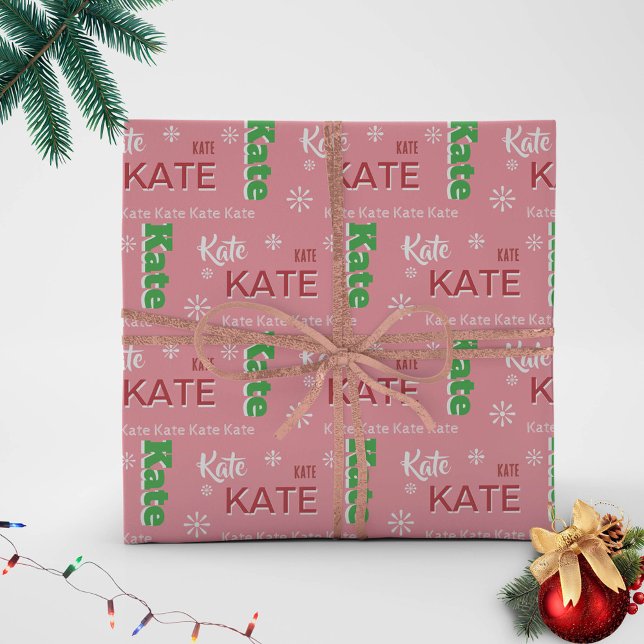 Kort Namn Typografi Rosa Julens Personlig i Presentpapper (name personalized wrapping paper christmas green white red pink custom typography design unique)
