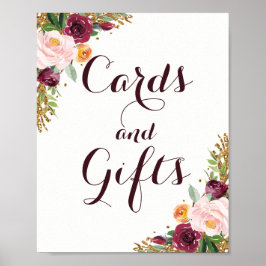 Kort och gåvor från Burgundy Guld Blommigt Glitter Poster