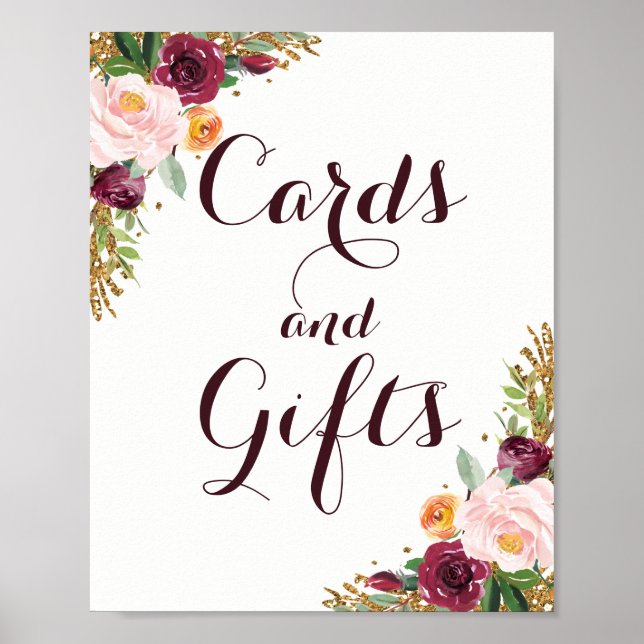 Kort och gåvor från Burgundy Guld Blommigt Glitter Poster (Framsidan)