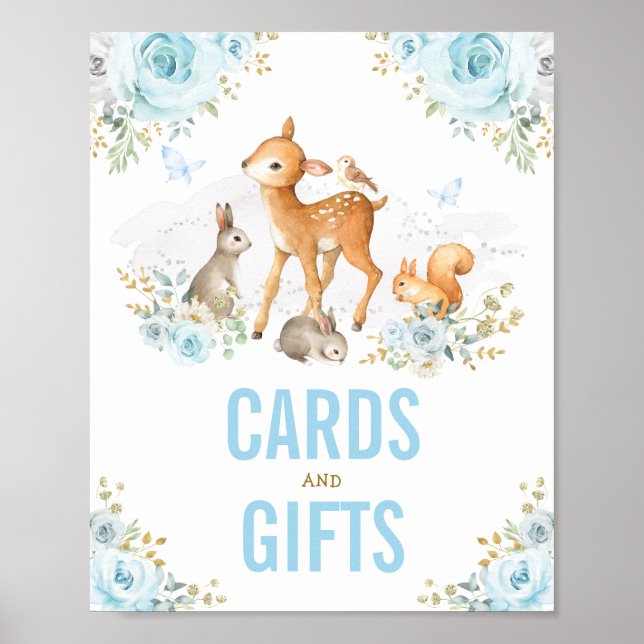 Kort och gåvor Pastel Blue Blommigt Woodland Anima Poster (Framsidan)