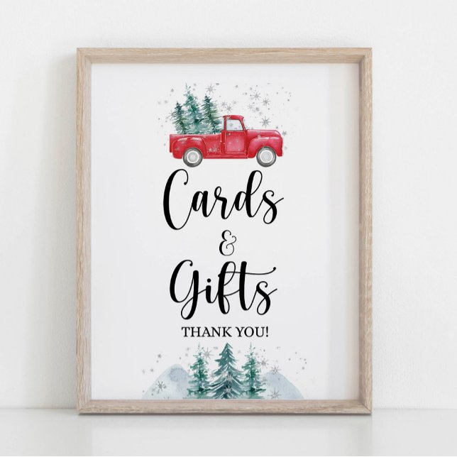 Kort och gåvor - skylt Winter Red Julgran Lastbil (Cards & Gifts Shower Sign, Winter Red Christmas Tree Pickup Truck Theme)