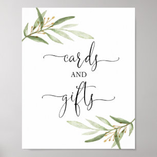 Kort och gåvor vid babydusch-skylt Greenery guld Poster