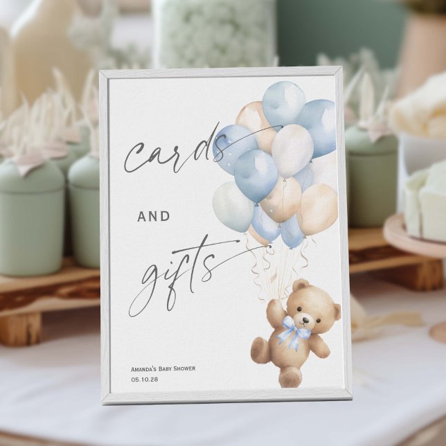 Kort- och gåvskylt, blått väntetecken poster (Blue Baby Boy Shower, We Can Bearly Wait Themed Cards and gifts sign)