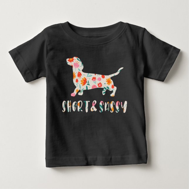 Kort och Sassy Dachshund blommigt hund T Shirt (Framsida)