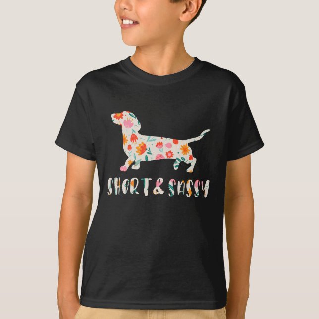 Kort och Sassy Dachshund blommigt hund T Shirt (Framsida)