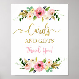 Kort och skylt över rosa och guld blommigt