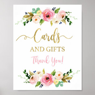 Kort och skylt över rosa och guld blommigt